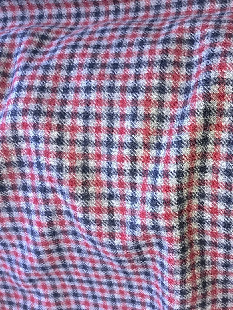 100% WOOL Coat Fabric Blue Grey Red, Gingham Check, Plaid, Soft Italian Material, by 1/2 yard