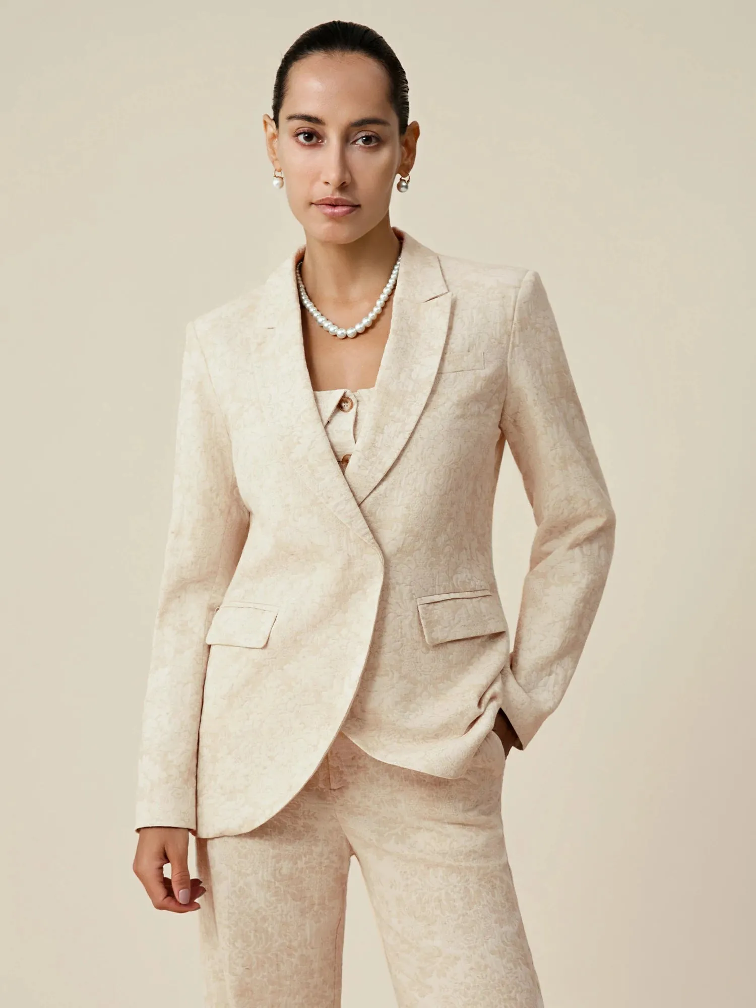 Amoretu Cotton & Linen Long Sleeve Jacquard Blazer