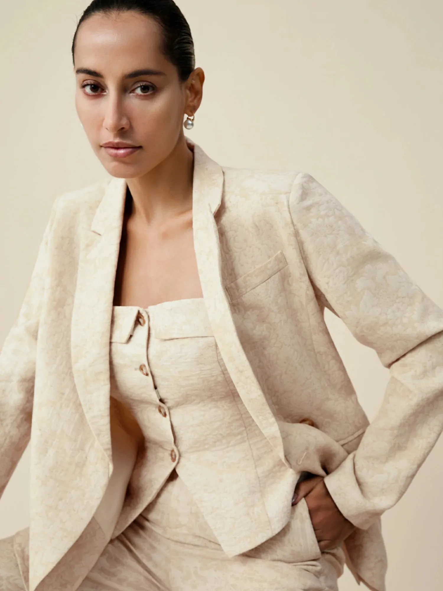 Amoretu Cotton & Linen Long Sleeve Jacquard Blazer