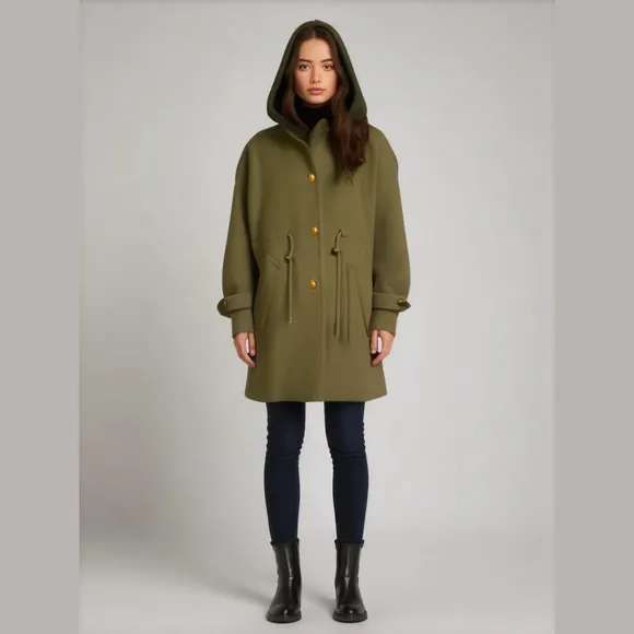 Anne Klein II Hooded Wool Coat Petite Olive Green Lining Drawstring Waist XXLP