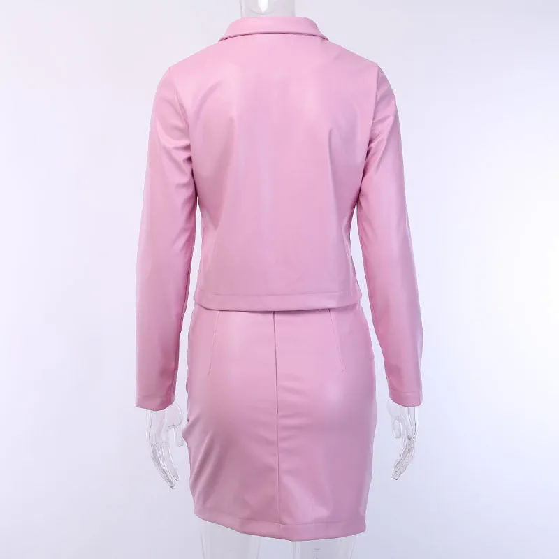 Autumn Women's Suit PU Leather Lapel Jacket Irregular Skirt Fashion Two-piece Suit