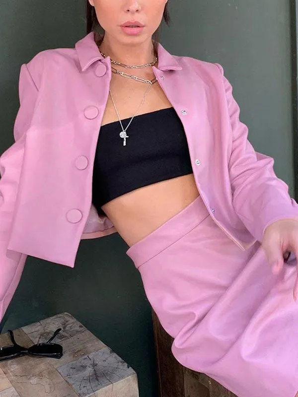 Autumn Women's Suit PU Leather Lapel Jacket Irregular Skirt Fashion Two-piece Suit
