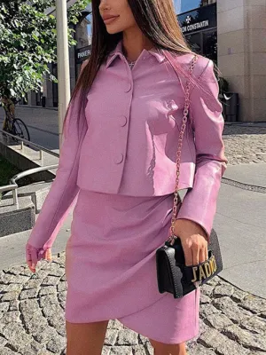 Autumn Women's Suit PU Leather Lapel Jacket Irregular Skirt Fashion Two-piece Suit