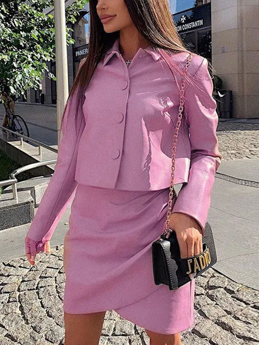 Autumn Women's Suit PU Leather Lapel Jacket Irregular Skirt Fashion Two-piece Suit