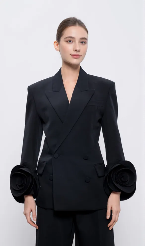 BELLA BLACK DOUBLE-BREASTED WOOL JACKET WITH FLORAL APPLIQUÉ