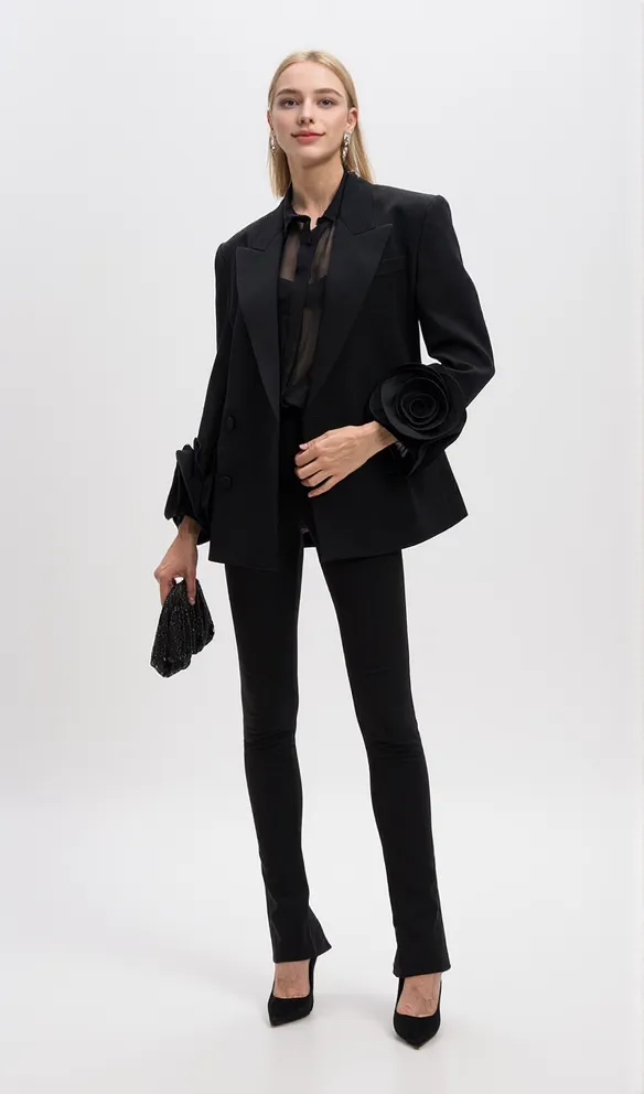 BELLA BLACK DOUBLE-BREASTED WOOL JACKET WITH FLORAL APPLIQUÉ