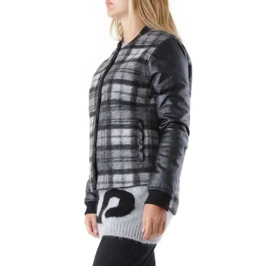 Black Checked Long Wool Jacket with Front Pockets