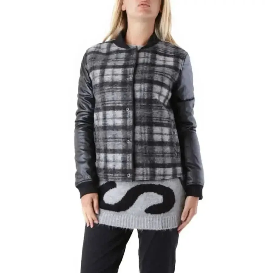 Black Checked Long Wool Jacket with Front Pockets