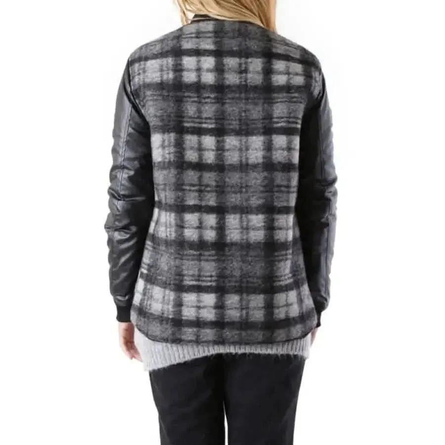 Black Checked Long Wool Jacket with Front Pockets
