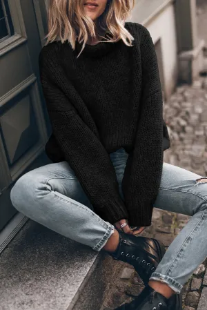 Black Chunky Knit Turtle Neck Drop Shoulder Sweater