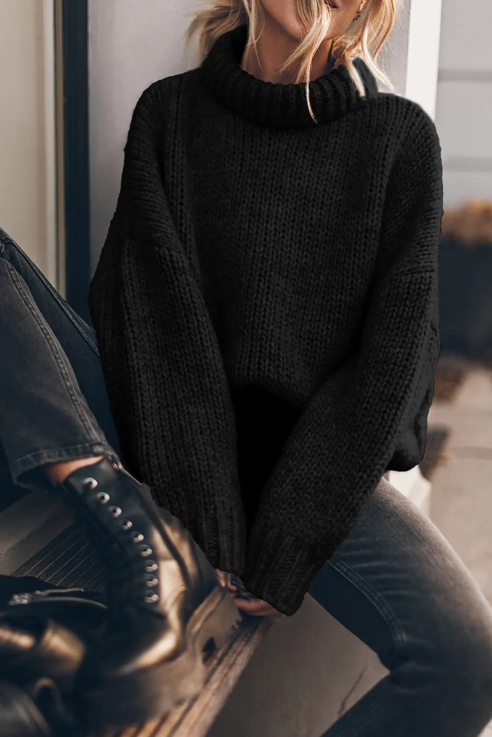 Black Chunky Knit Turtle Neck Drop Shoulder Sweater