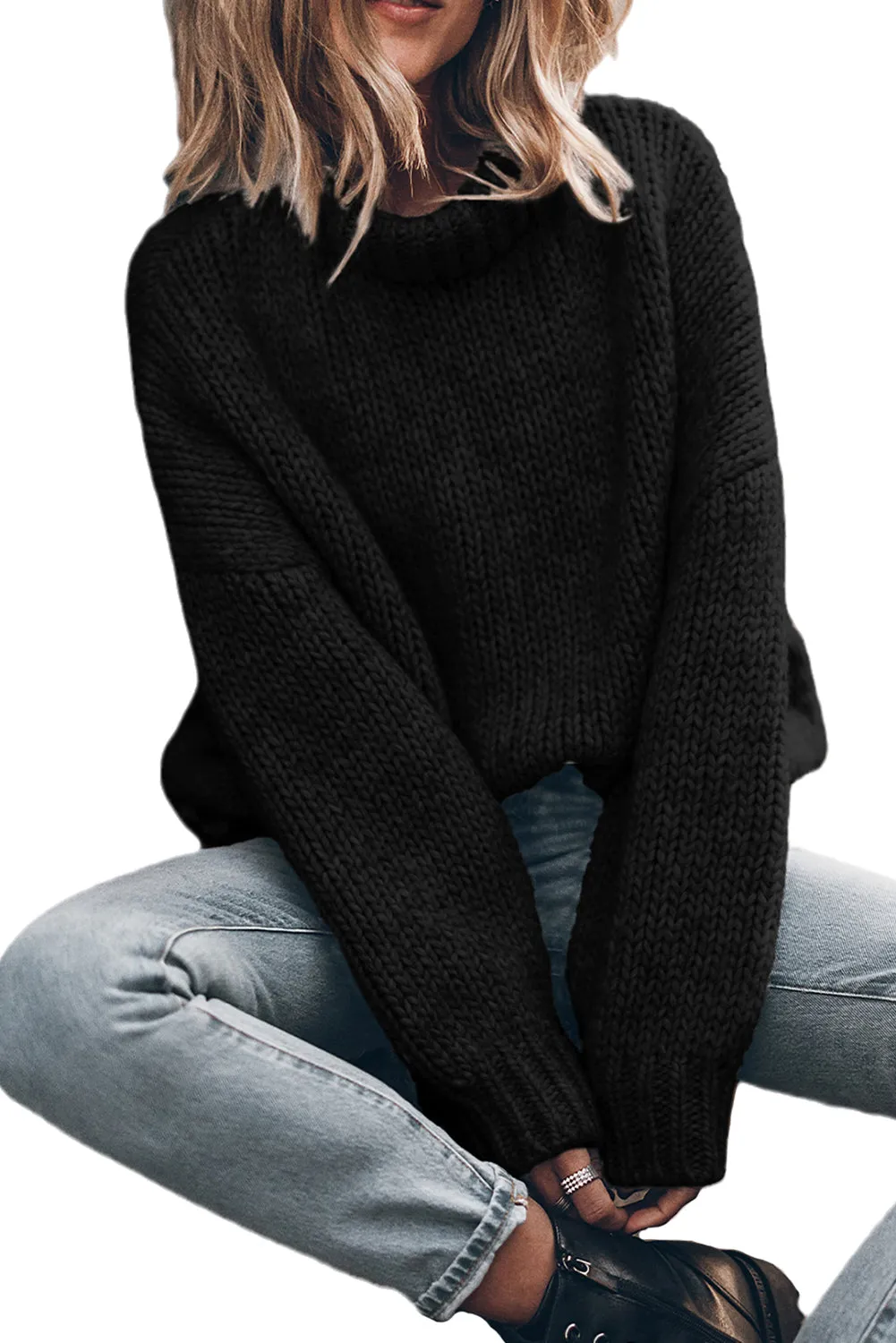 Black Chunky Knit Turtle Neck Drop Shoulder Sweater