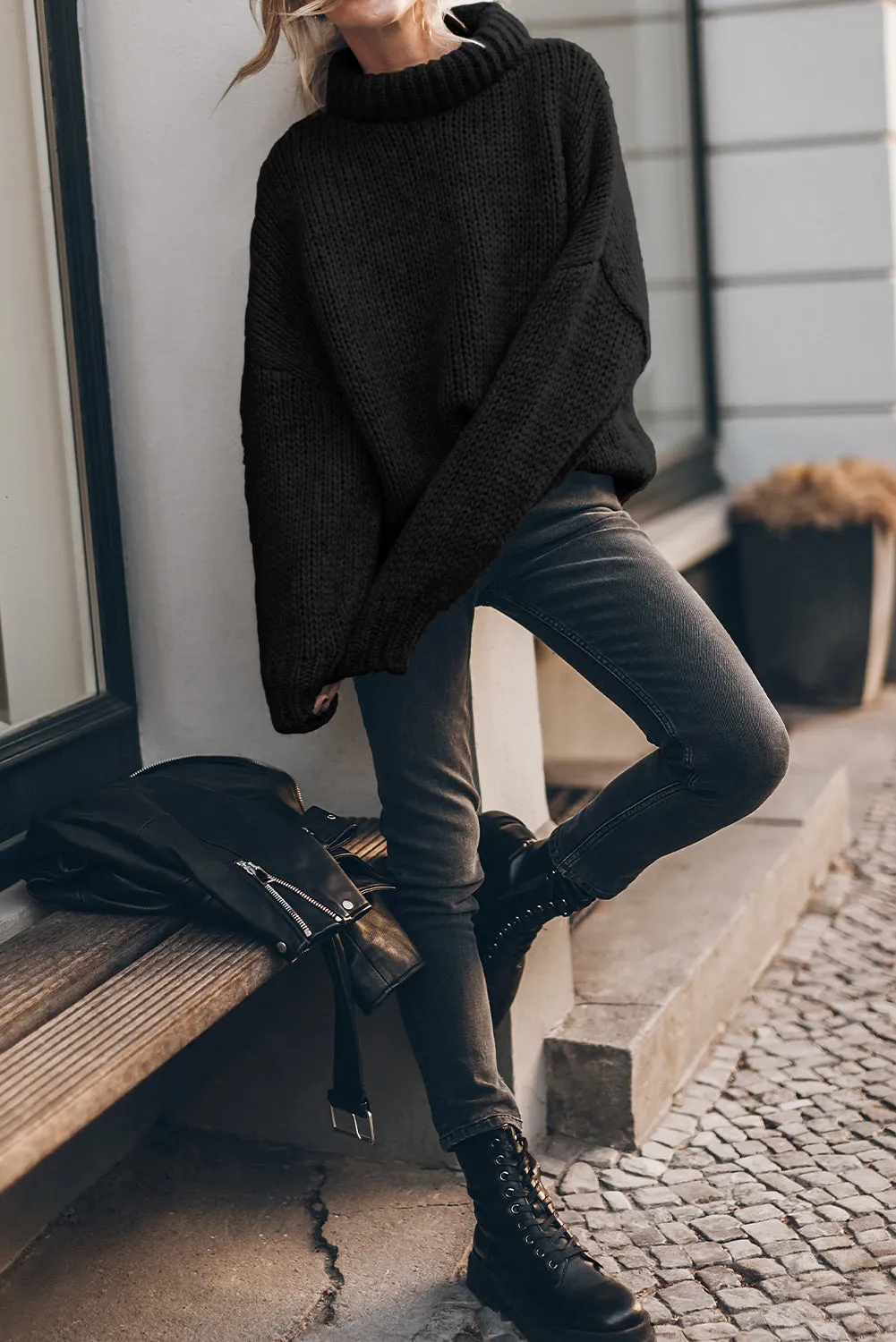 Black Chunky Knit Turtle Neck Drop Shoulder Sweater