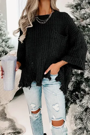 Black Ripped Raw Hem Chunky Pullover Sweater