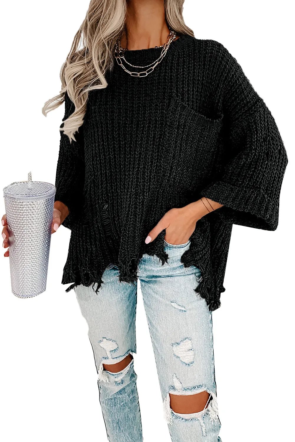 Black Ripped Raw Hem Chunky Pullover Sweater