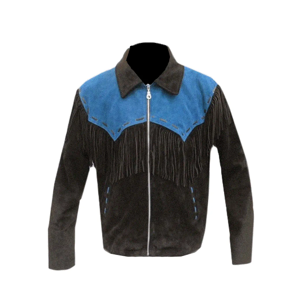 Black Suede Leather Fringe Jacket for Western Cowboy Mens NFJ509