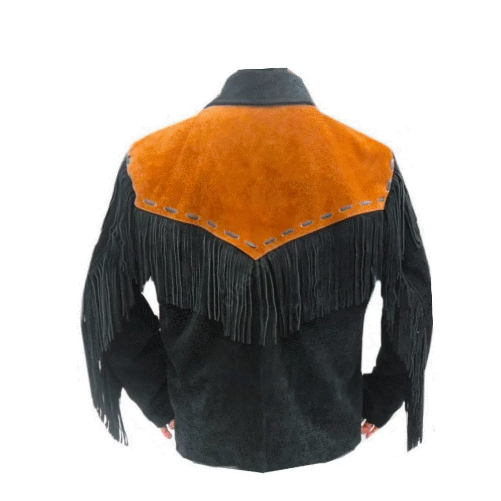 Black Suede Leather Fringe Jacket for Western Cowboy Mens NFJ509
