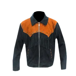 Black Suede Leather Fringe Jacket for Western Cowboy Mens NFJ509