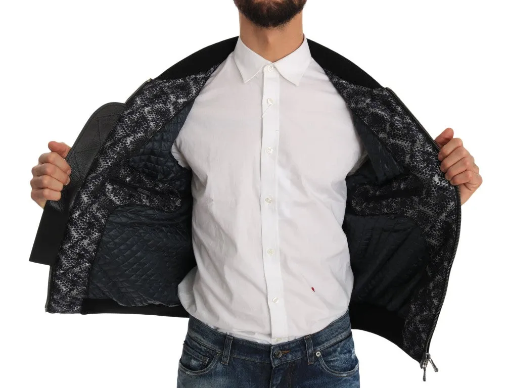 Blue Black Brocade Bomber Zipper Jacket