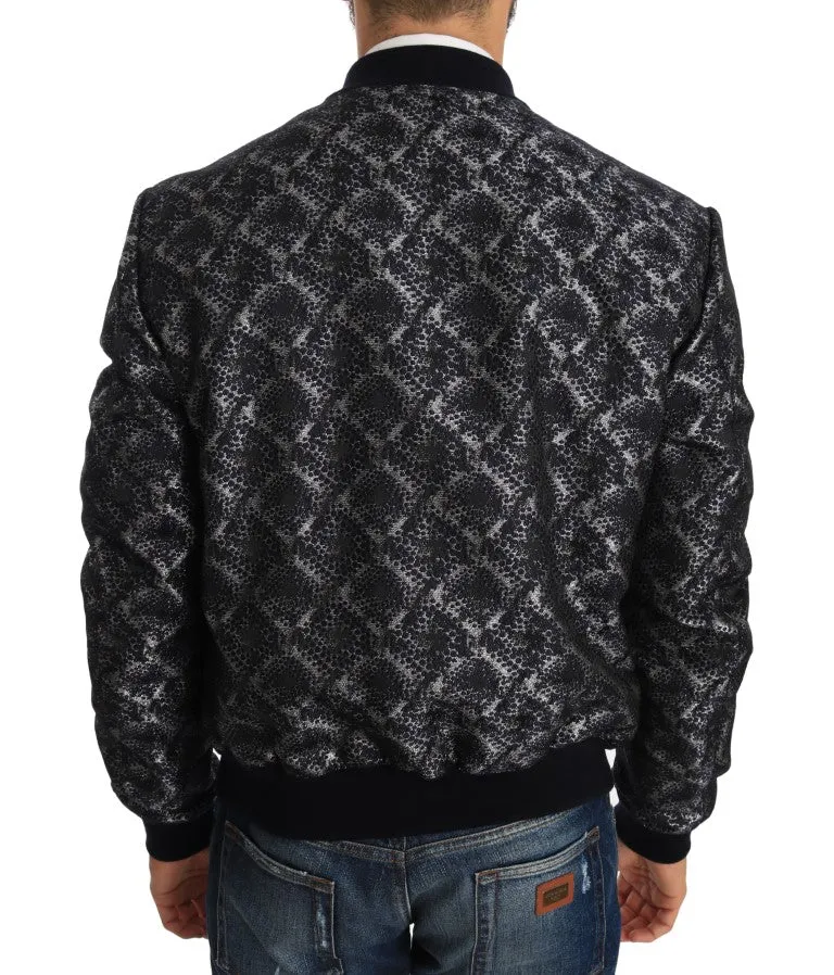 Blue Black Brocade Bomber Zipper Jacket