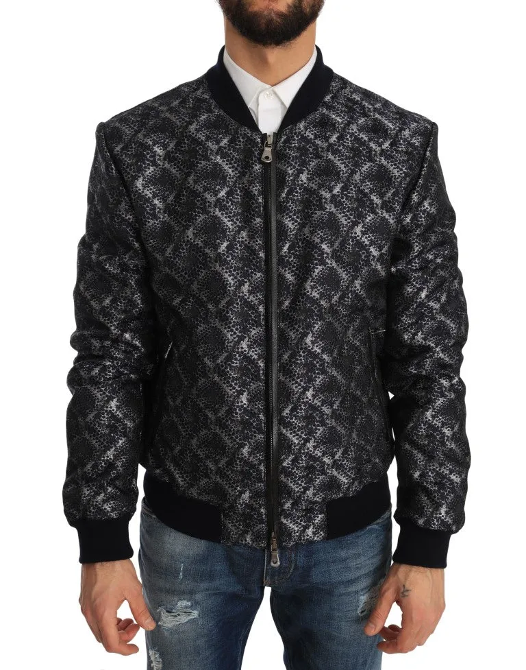 Blue Black Brocade Bomber Zipper Jacket
