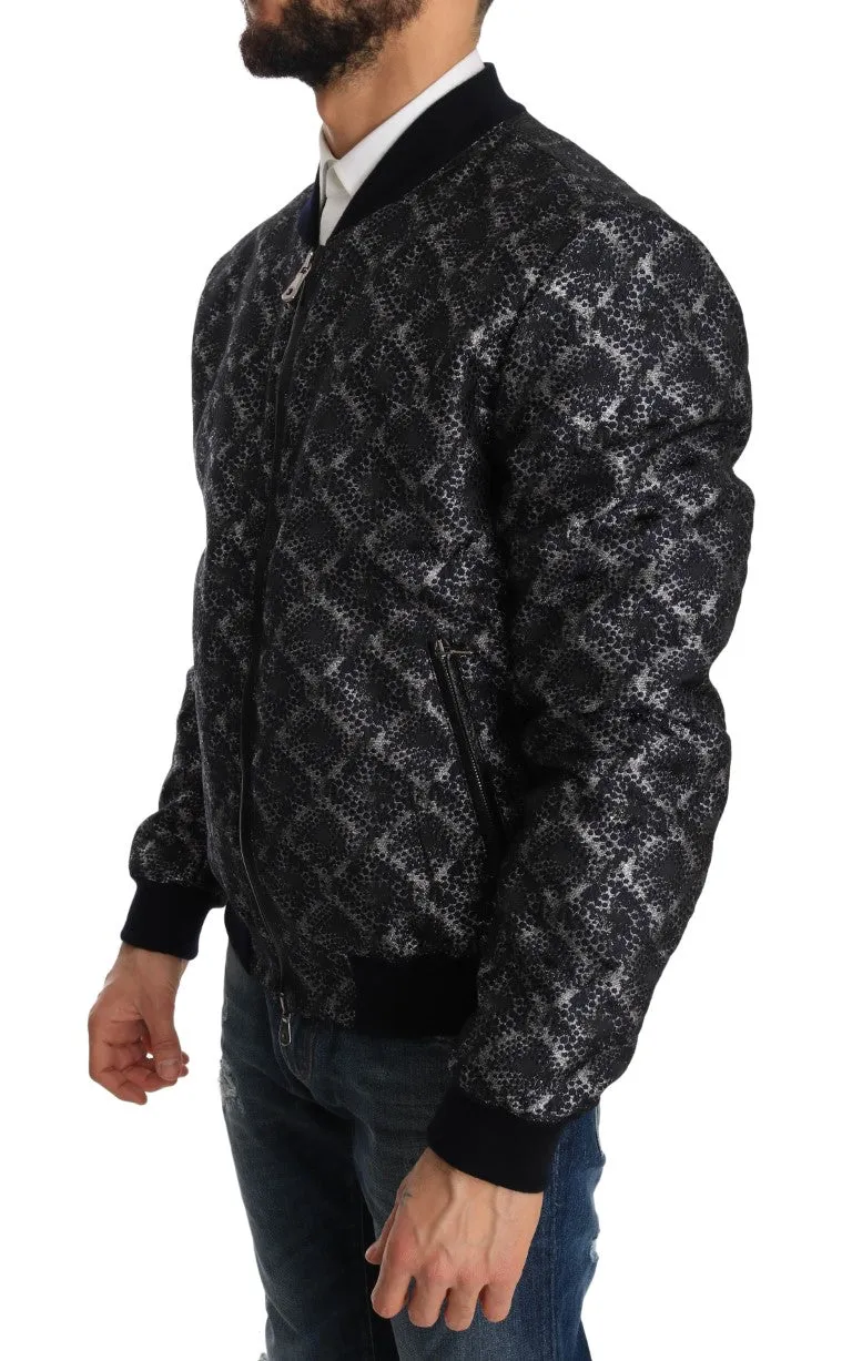 Blue Black Brocade Bomber Zipper Jacket