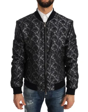 Blue Black Brocade Bomber Zipper Jacket