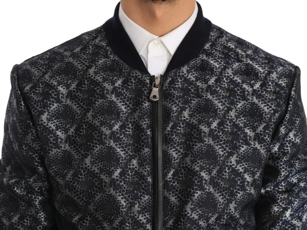 Blue Black Brocade Bomber Zipper Jacket