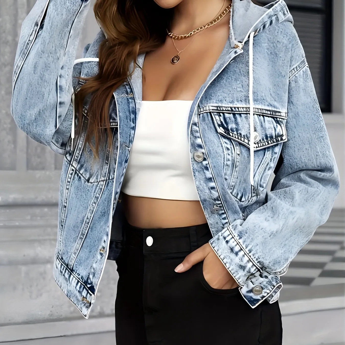 Blue Washed Hooded Denim Jackets, Long Sleeves Flap Pockets Non-Stretch Denim Coats, Women's Denim Clothing