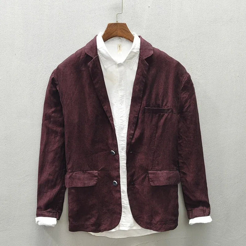 Bonsir Autumn New Linen Suit Jacket Business Casual Daily Gentlemen Multi-Pocket Retro Classic Breathable Loose 4 Colors Blazer