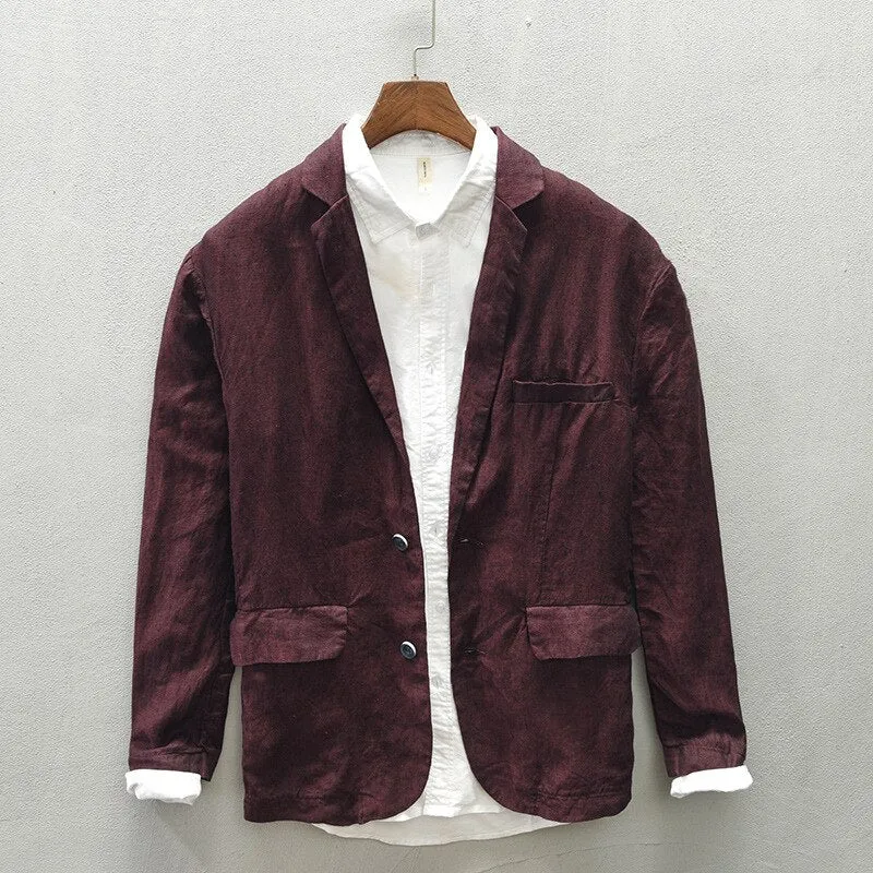Bonsir Autumn New Linen Suit Jacket Business Casual Daily Gentlemen Multi-Pocket Retro Classic Breathable Loose 4 Colors Blazer