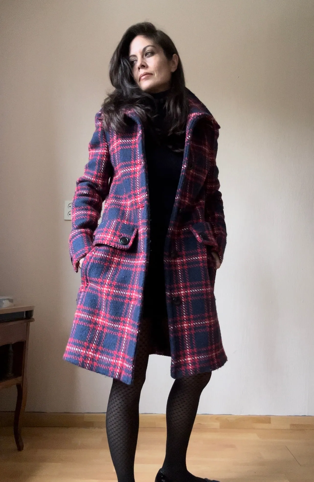 Checkered wool winter coat