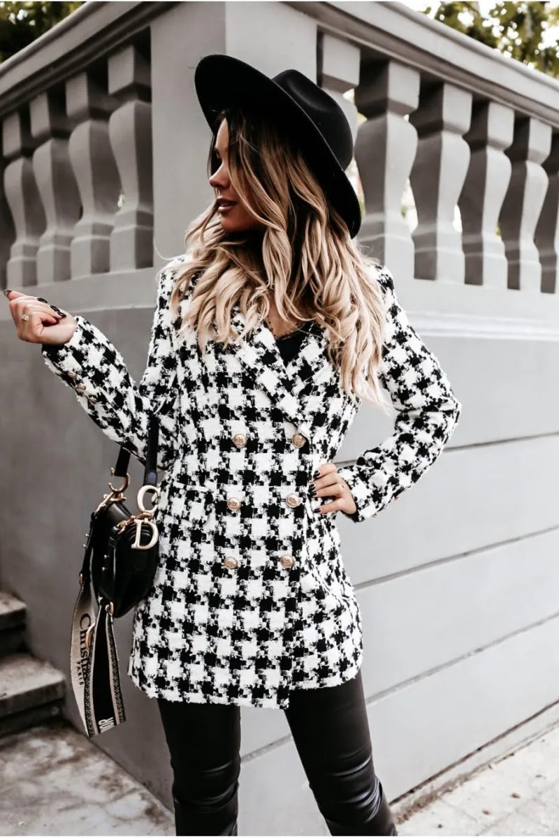 Chouyatou Womens 2024 Fashion Tweed Blazers Business Casual Double Breasted Open Front Plaid Blazer Jackets