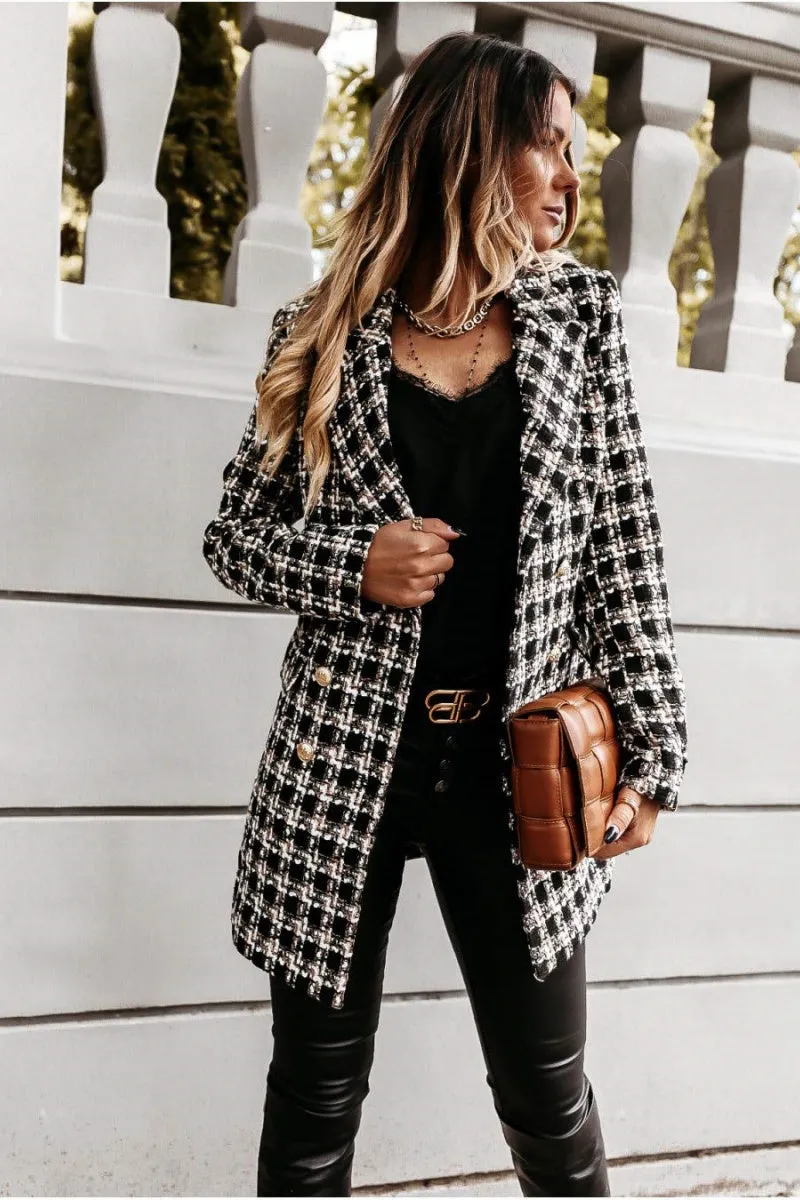 Chouyatou Womens 2024 Fashion Tweed Blazers Business Casual Double Breasted Open Front Plaid Blazer Jackets