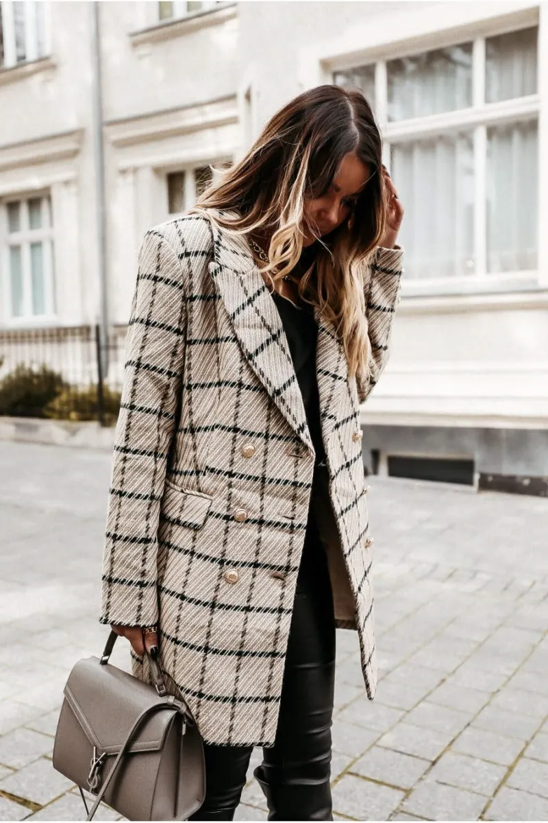 Chouyatou Womens 2024 Fashion Tweed Blazers Business Casual Double Breasted Open Front Plaid Blazer Jackets
