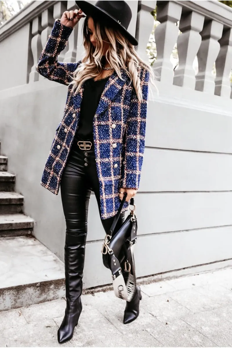 Chouyatou Womens 2024 Fashion Tweed Blazers Business Casual Double Breasted Open Front Plaid Blazer Jackets
