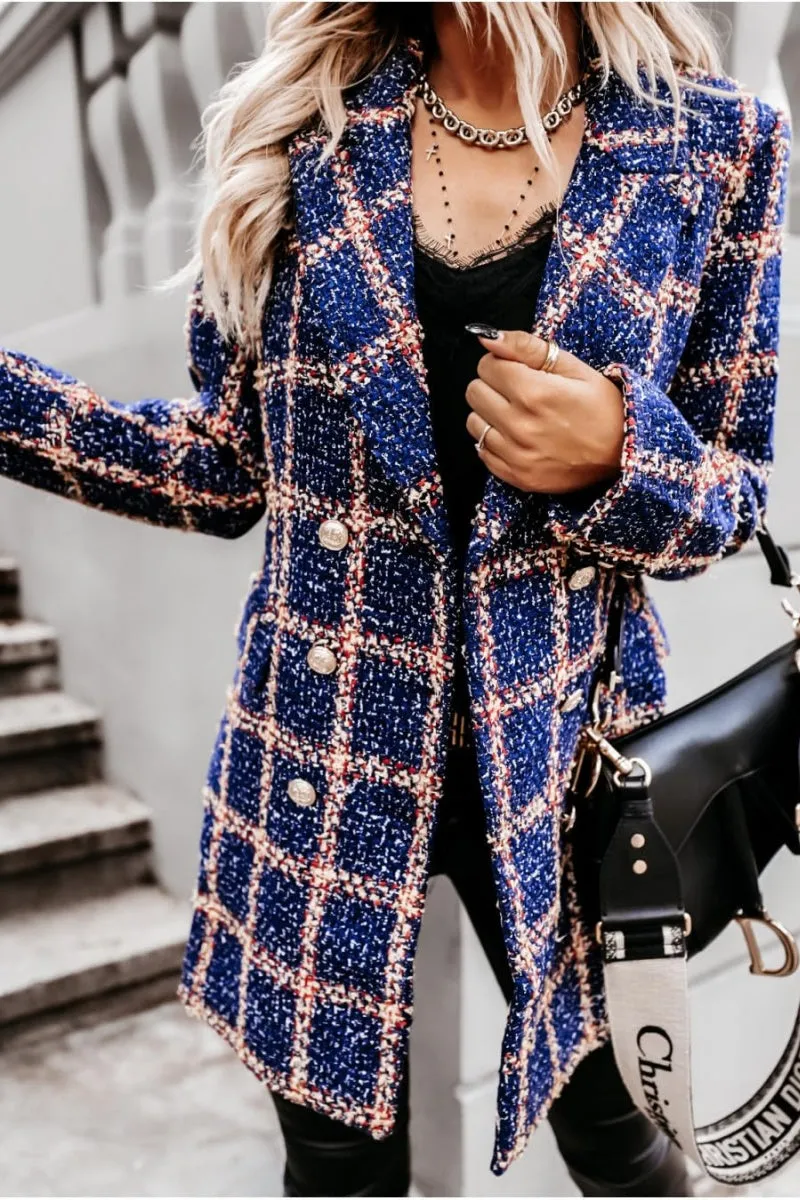 Chouyatou Womens 2024 Fashion Tweed Blazers Business Casual Double Breasted Open Front Plaid Blazer Jackets