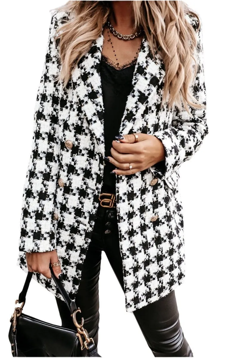 Chouyatou Womens 2024 Fashion Tweed Blazers Business Casual Double Breasted Open Front Plaid Blazer Jackets