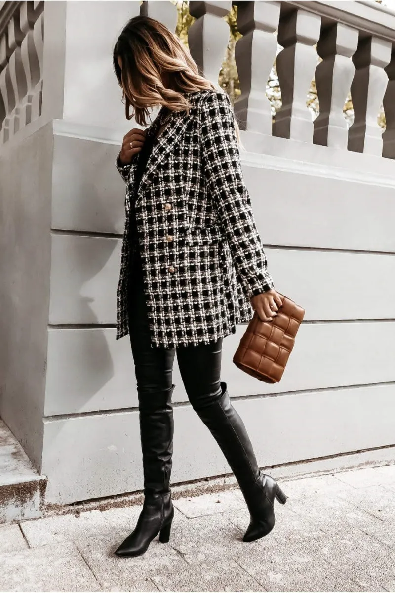 Chouyatou Womens 2024 Fashion Tweed Blazers Business Casual Double Breasted Open Front Plaid Blazer Jackets
