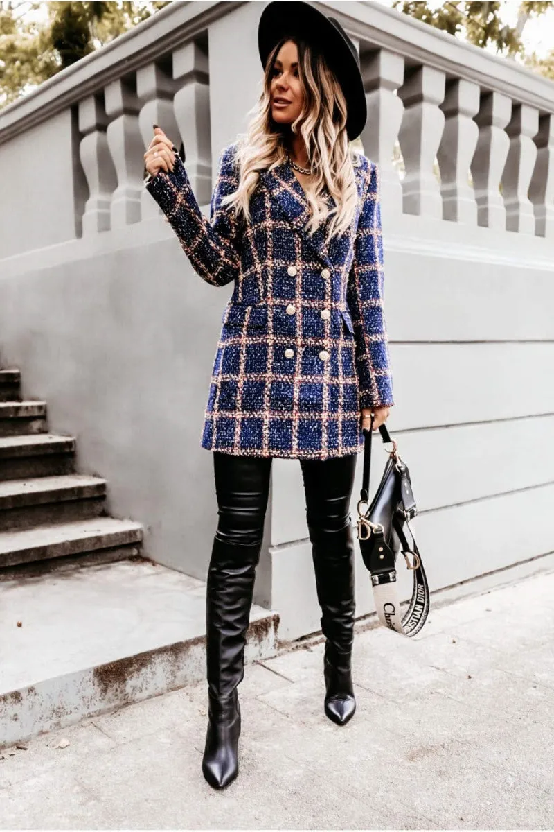 Chouyatou Womens 2024 Fashion Tweed Blazers Business Casual Double Breasted Open Front Plaid Blazer Jackets