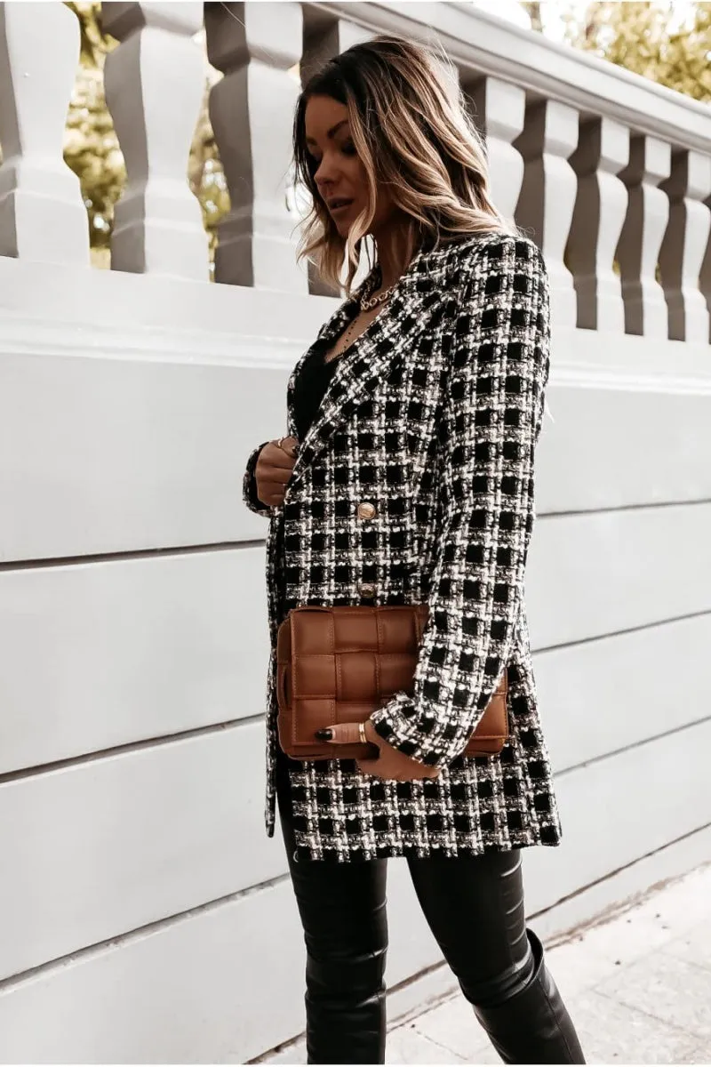 Chouyatou Womens 2024 Fashion Tweed Blazers Business Casual Double Breasted Open Front Plaid Blazer Jackets
