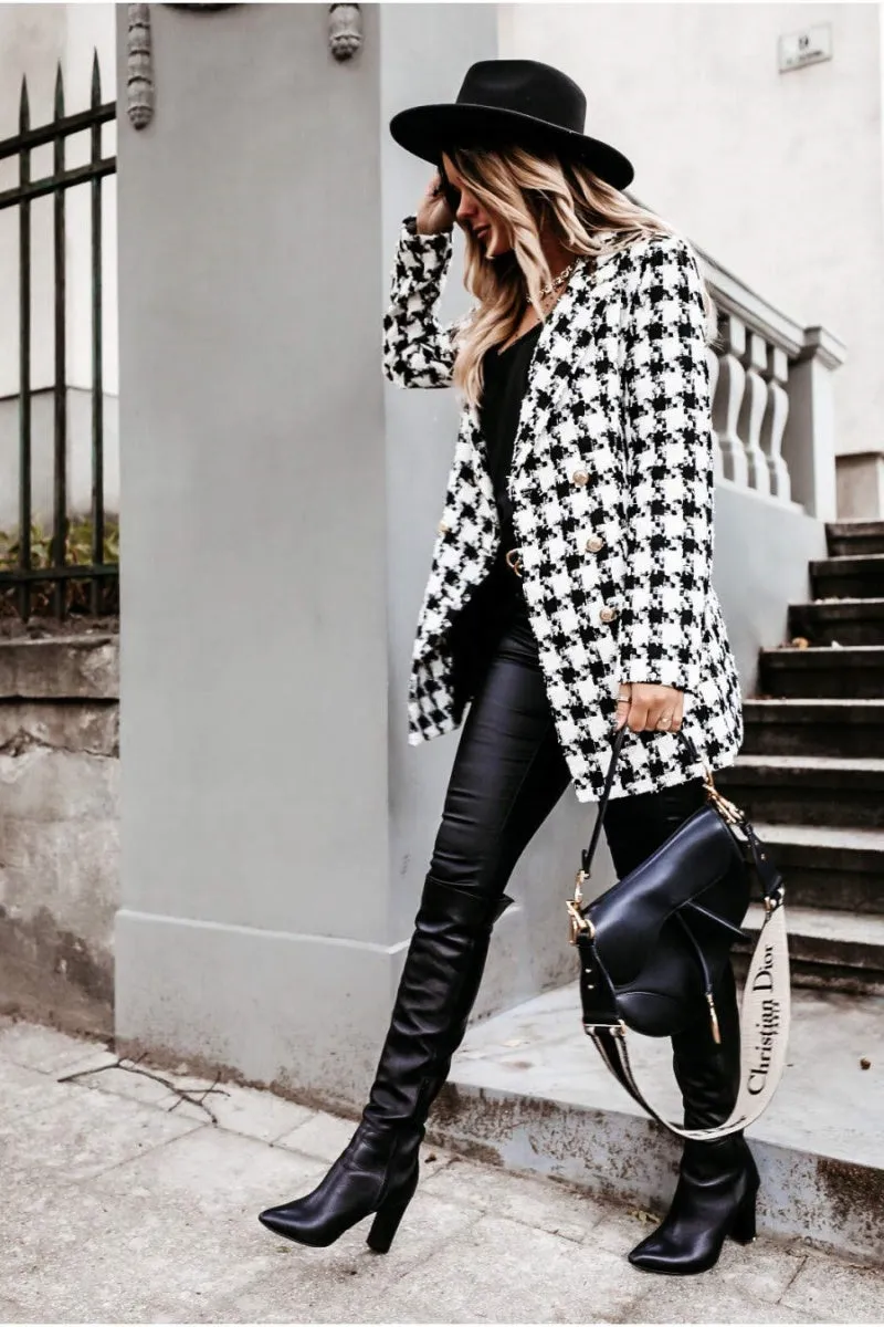 Chouyatou Womens 2024 Fashion Tweed Blazers Business Casual Double Breasted Open Front Plaid Blazer Jackets