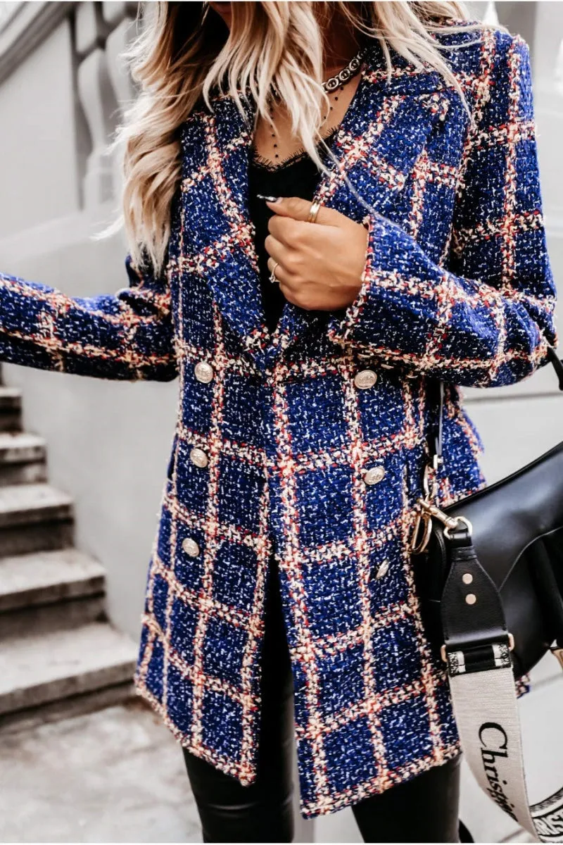Chouyatou Womens 2024 Fashion Tweed Blazers Business Casual Double Breasted Open Front Plaid Blazer Jackets