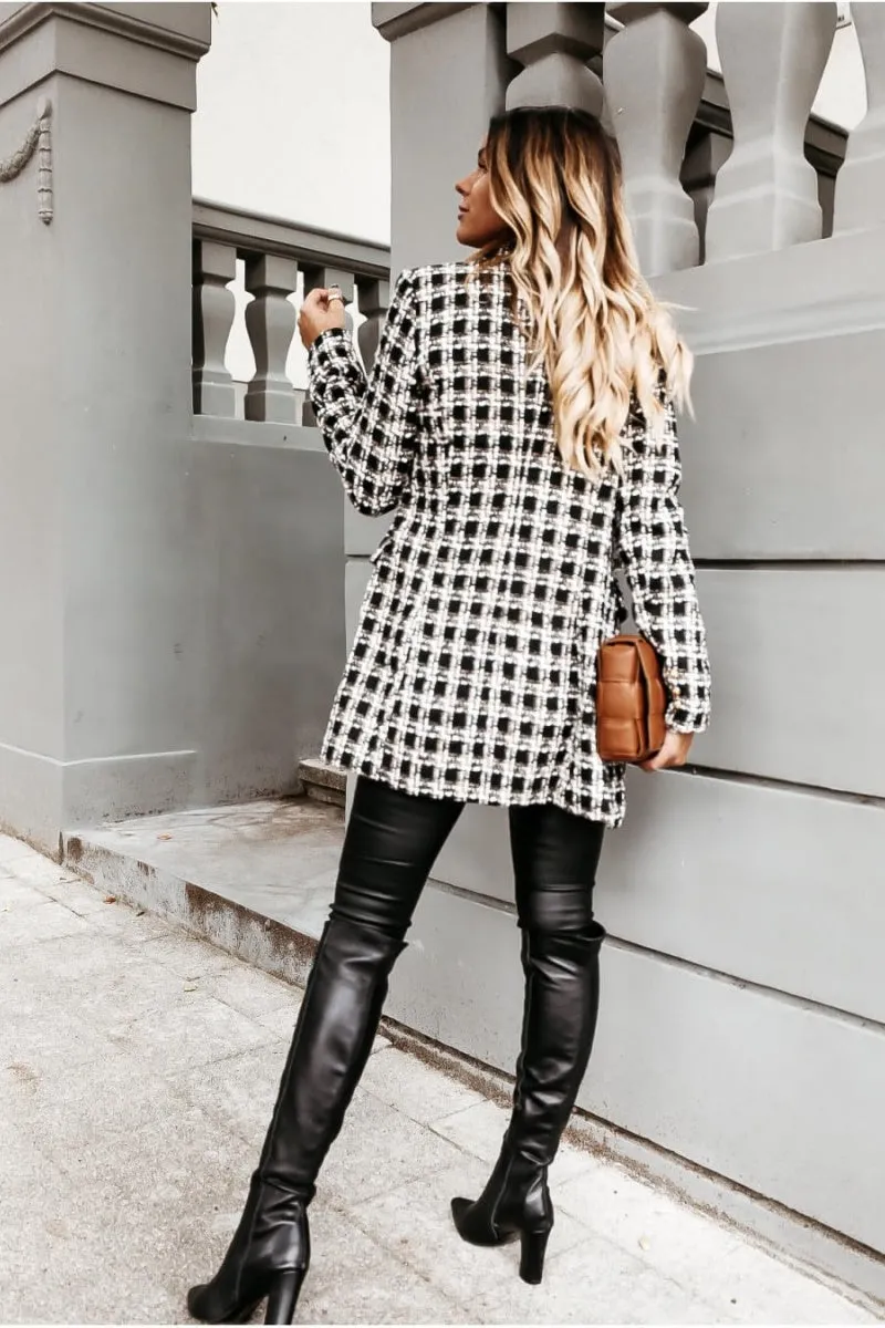 Chouyatou Womens 2024 Fashion Tweed Blazers Business Casual Double Breasted Open Front Plaid Blazer Jackets