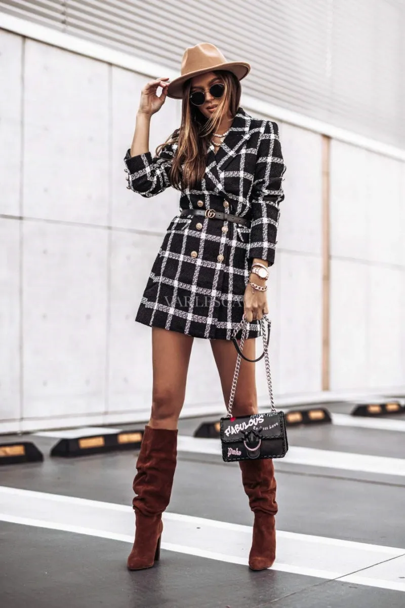 Chouyatou Womens 2024 Fashion Tweed Blazers Business Casual Double Breasted Open Front Plaid Blazer Jackets