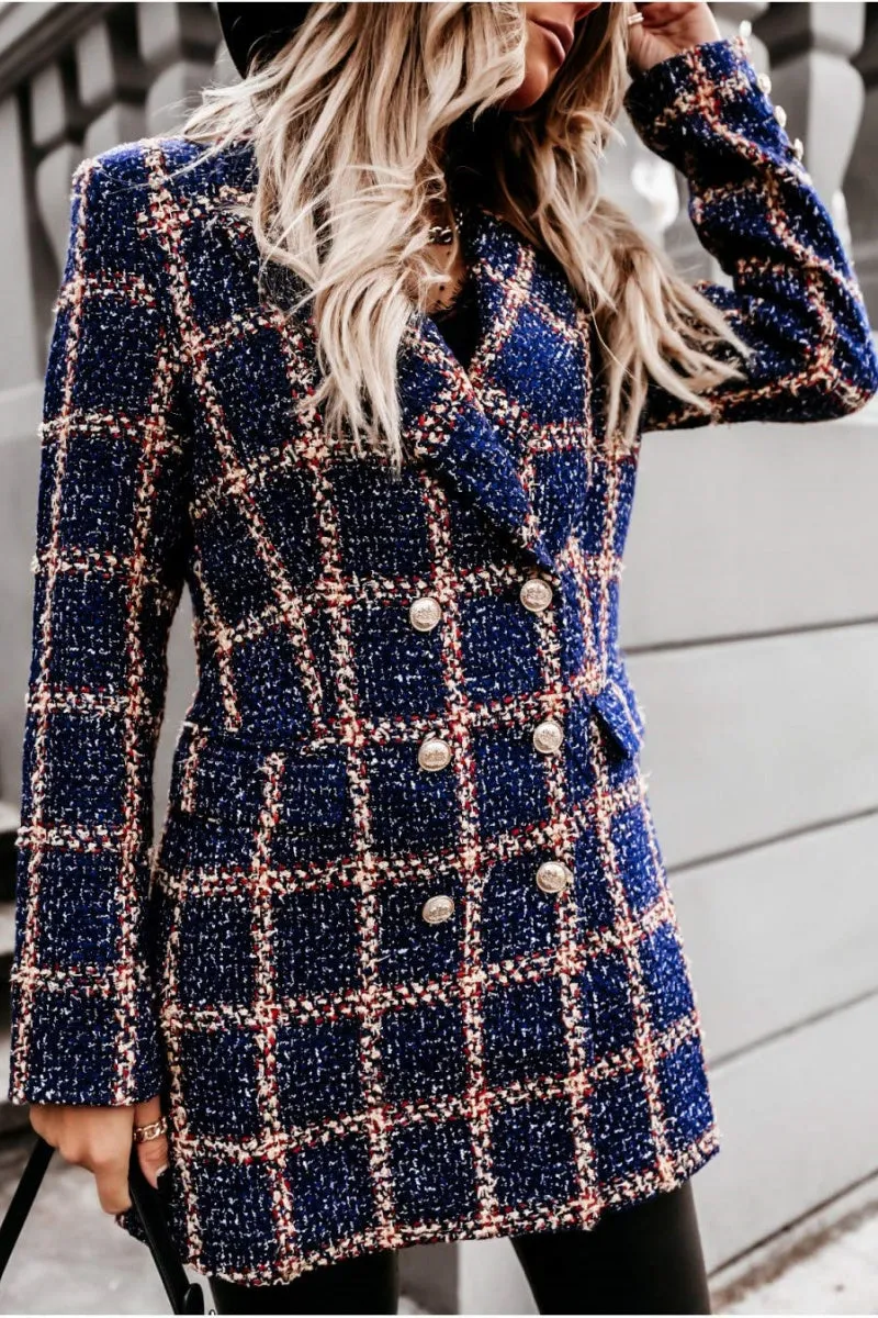 Chouyatou Womens 2024 Fashion Tweed Blazers Business Casual Double Breasted Open Front Plaid Blazer Jackets
