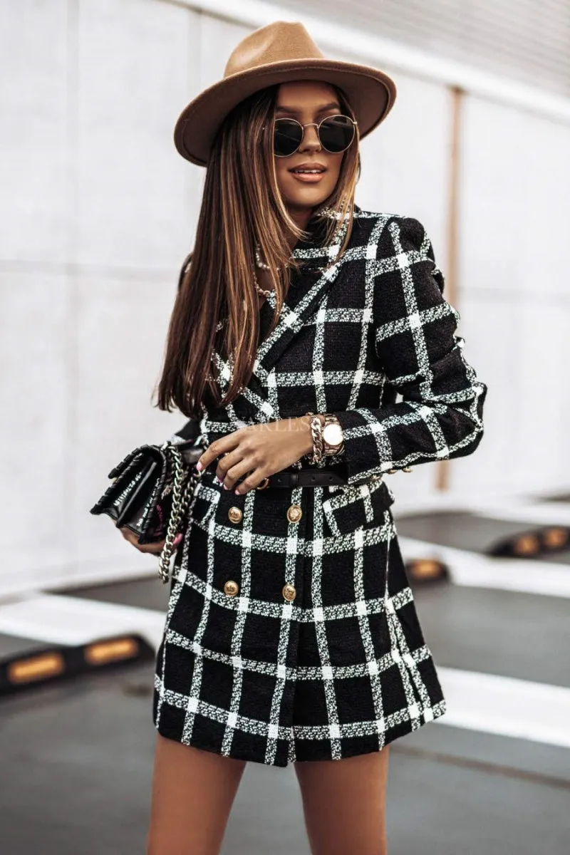 Chouyatou Womens 2024 Fashion Tweed Blazers Business Casual Double Breasted Open Front Plaid Blazer Jackets