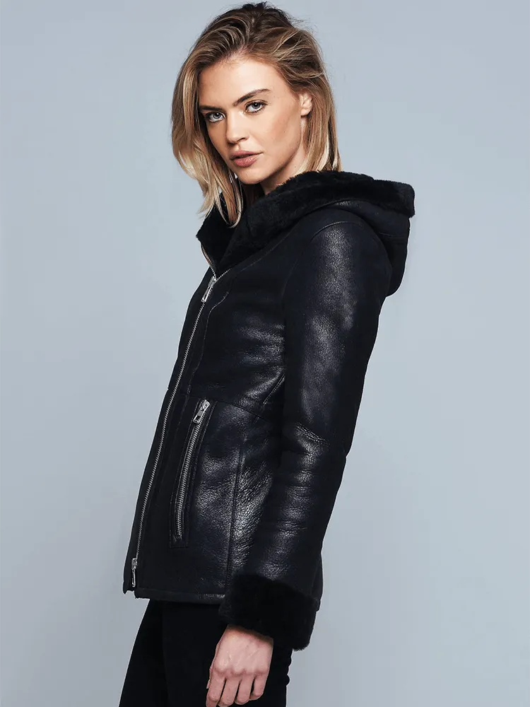 Claire Black Shearling Leather Jacket
