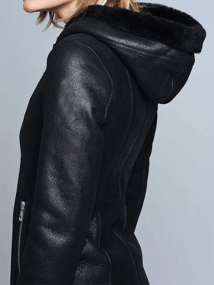 Claire Black Shearling Leather Jacket
