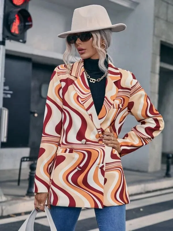 CM-CS428830 Women Elegant Seoul Style Allover Print Double Breasted Blazer